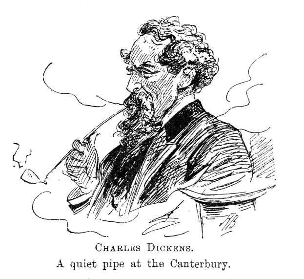 Eine Schwarz-Weiß-Zeichnung von Charles Dickens, der auf einem Stuhl sitzt und eine Pfeife raucht, mit dem Text "Charles Dickens: Eine ruhige Pfeife in Canterbury" unten.