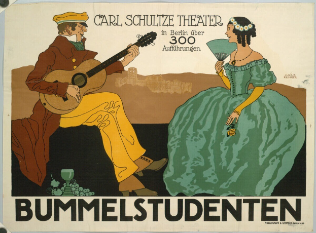 Plakat für ein Konzert im Carl-Schulze-Theater in Berlin, Deutschland, mit einem Mann, der eine Gitarre spielt, und einer Frau, die einen Fächer hält und Text.