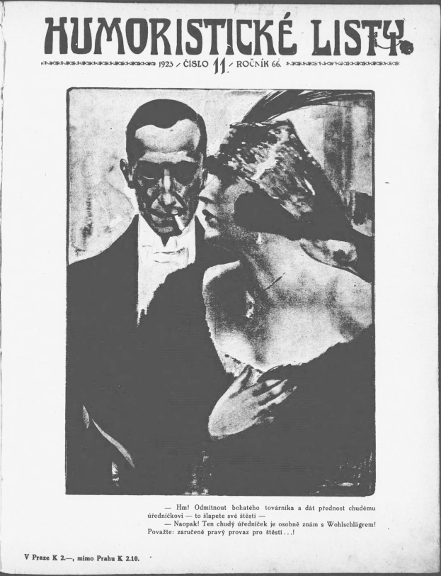 Schwarze und weiße Zeitschriftentitel 'Humoristische Liste' mit einem Mann im Anzug mit ernster Miene und einer Frau, die verschmitzt in die andere Richtung schaut.