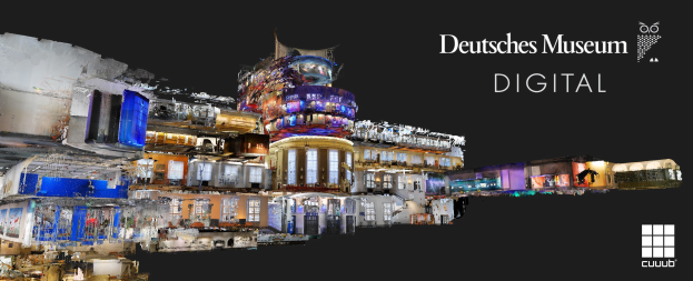 Digitale Kunst des Deutschen Museums Digital mit Gebäuden im Vordergrund vor dunklem Hintergrund und Text und Logo auf der rechten Seite.