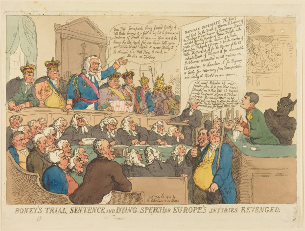 Cartoon-Illustration eines Gerichtssaals mit dem Titel "Boney's Trial, Sentence, and Dying Speech Europe's Injuries Revenged", die eine zentrale stehende Figur und sitzende Beobachter mit einem Tisch voller Gegenstände auf der rechten Seite zeigt.