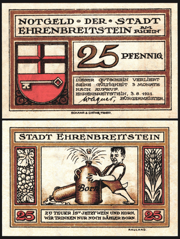 Deutsche Banknote mit einem Mann in einem weißen Hemd und einer blauen Mütze, der eine Bierflasche hält, umgeben von Text einschließlich des Wortes "Beer" und einem gekrönten Schild-Logo.