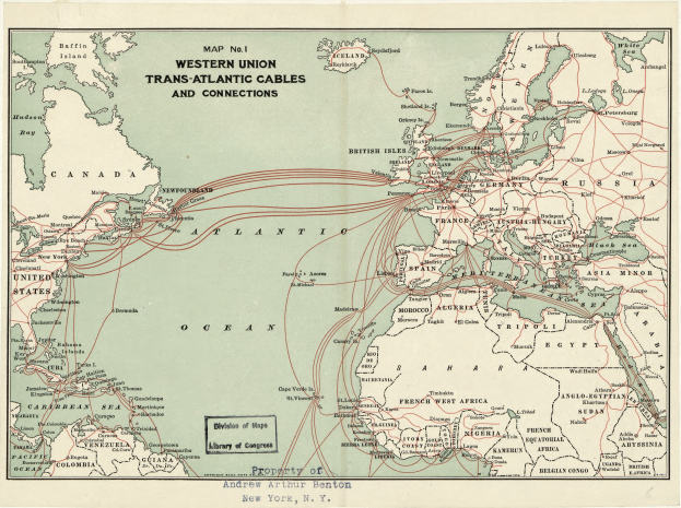 Eine detaillierte Karte der Western Union Transatlantischen Kabel und Verbindungen, die Routen und Punkte von Interesse zwischen Ländern hervorhebt, mit fetter Schrift, die die Verbindungen betont.