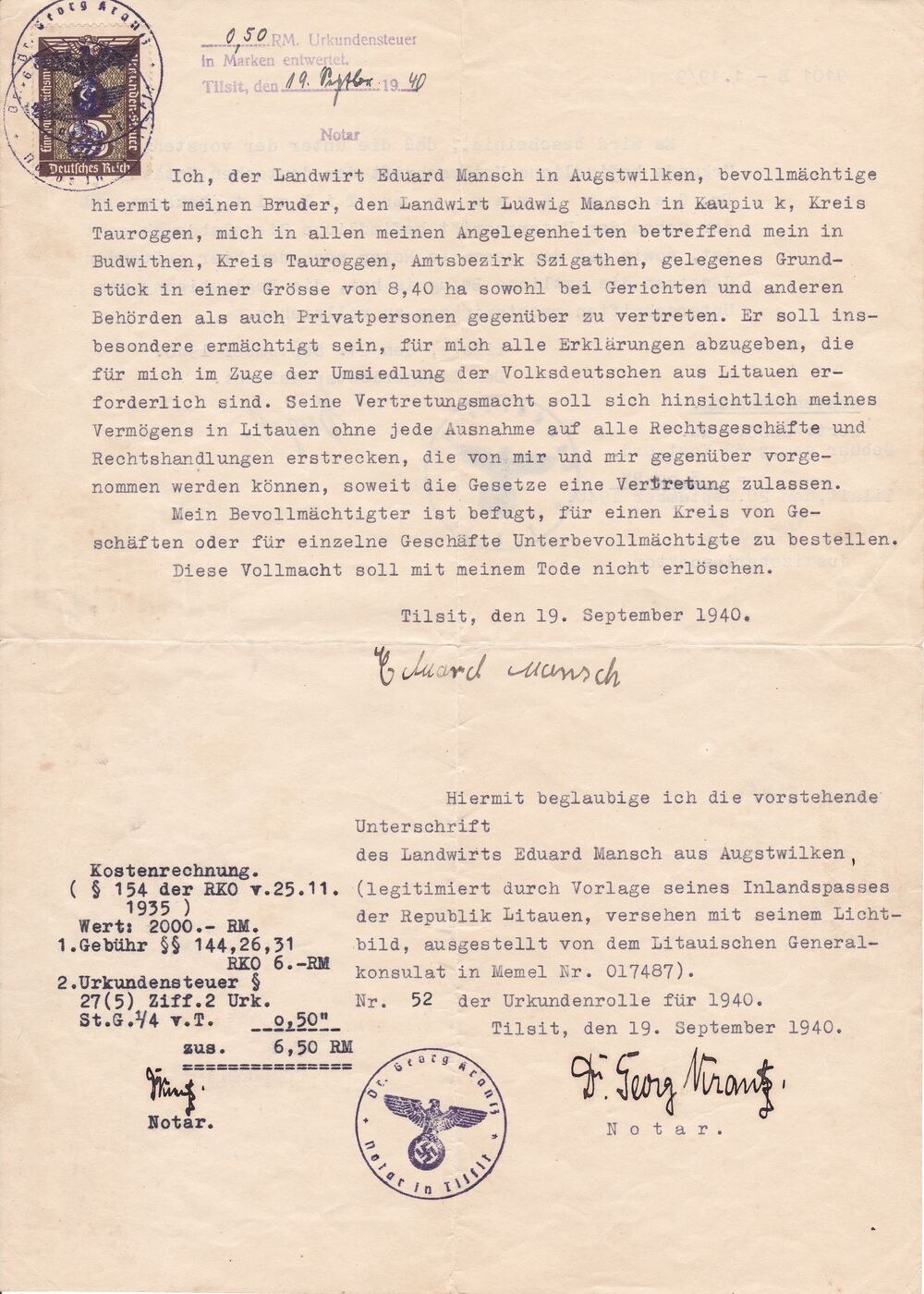 Getippter Brief der deutschen Armee an den Präsidenten der Vereinigten Staaten vom 19. September 1940, auf weißem Papier mit schwarzem Rand und Siegel gedruckt und in schwarzer Tinte geschrieben.