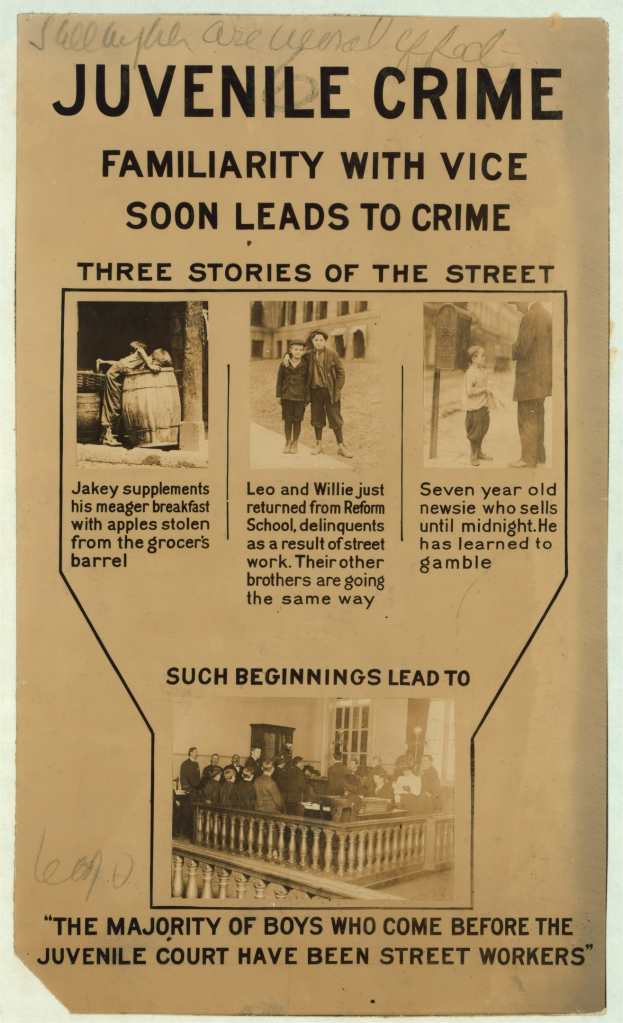 Plakat mit der Aufschrift "Juvenile Crime Family with Vice Soon Leads to Crime", das eine Gruppe von Menschen in einer Reihe zeigt, mit einem Mann in der Mitte und einer Frau links daneben.
