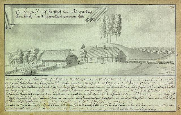 Ein vergilbtes Dokument mit der Aufschrift "Surgensburg, Germany - Landscape of a Farm", das eine Farm inmitten eines Feldes zeigt, umgeben von Häusern, Bäumen und einem Himmel.