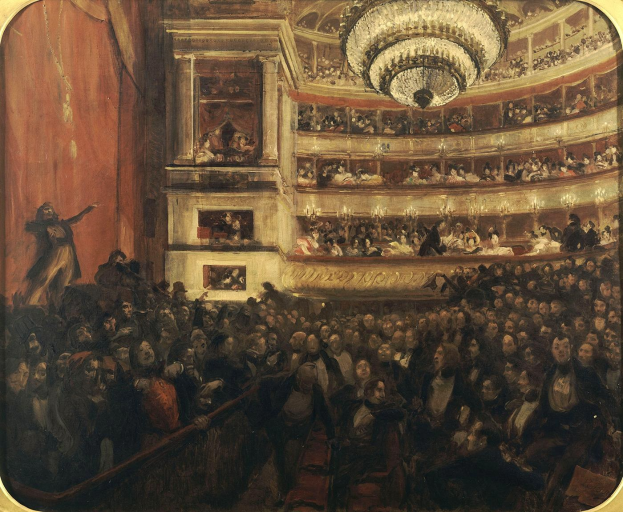 Gem├Ąlde mit dem Titel "Das Konzert der Oper", das ein volles Theater mit sitzenden Zuschauern zeigt, die von einem Kronleuchter beleuchtet werden, und eine stehende Figur auf der linken Seite.