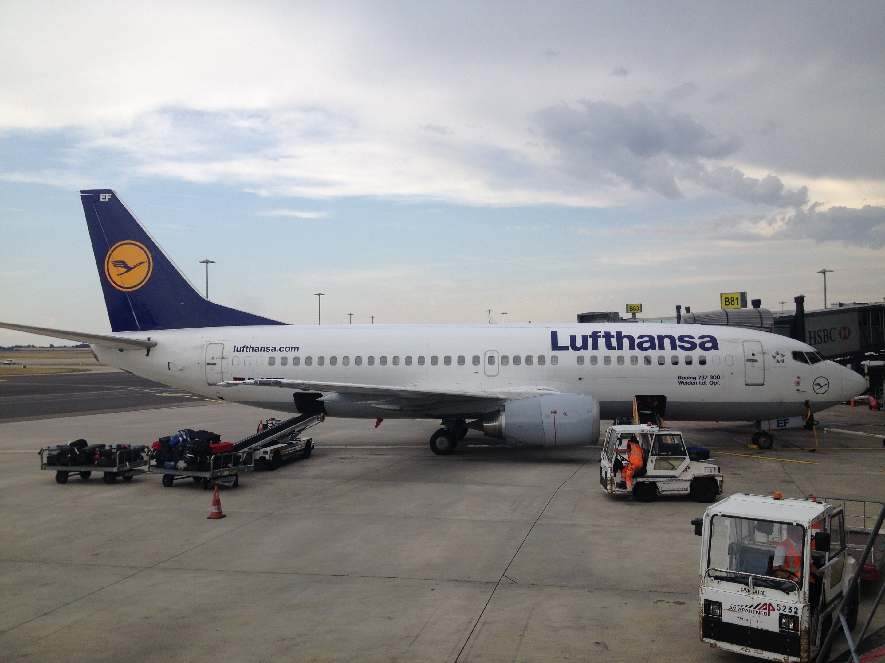 Lufthansa Airbus A320-200 Flugzeug am Frankfurt Airport geparkt mit Bodenfahrzeugen, Verkehrskegeln und Beschilderung bei bewölktem Himmel.