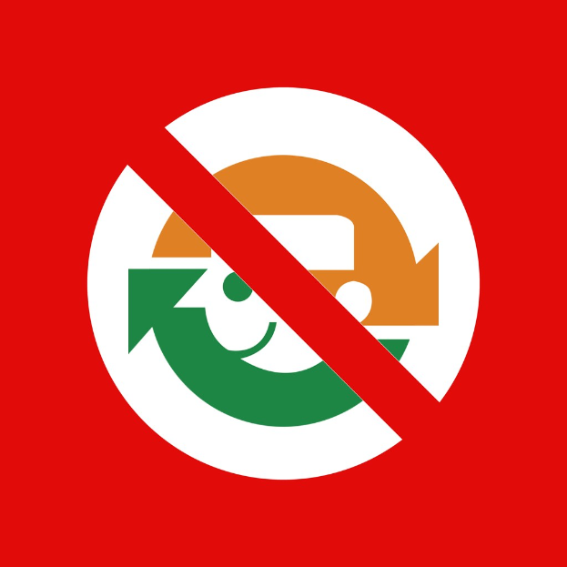 Rote und weiße "Kein Recycling"-Schilder mit einem nach rechts zeigenden Pfeil, schwarzer Text auf einem weißen Hintergrund.