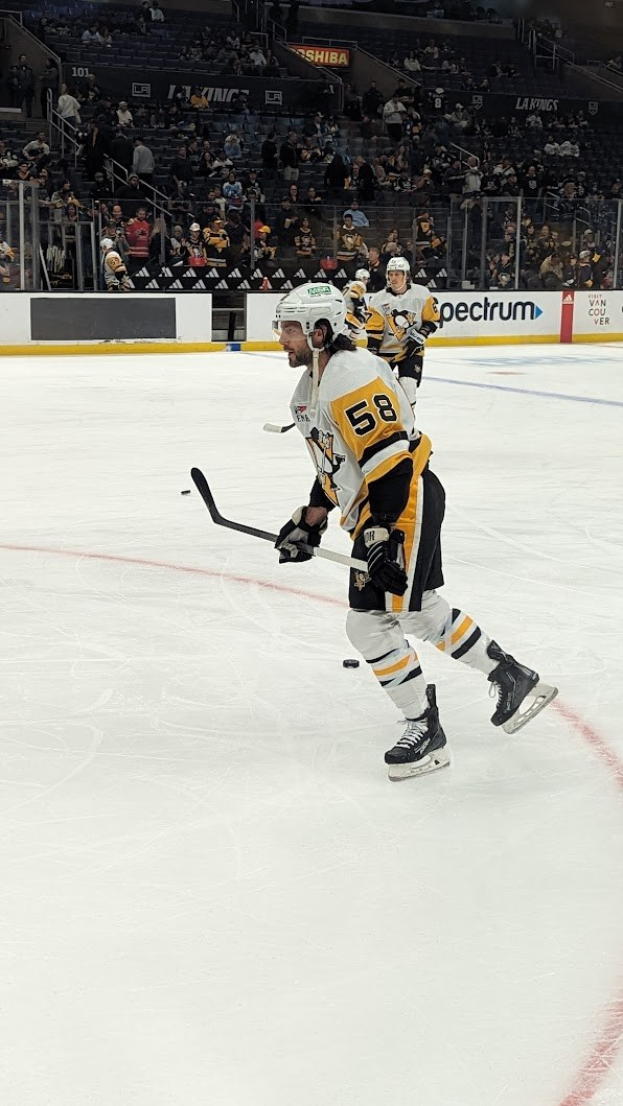 Ein Eishockeyspieler auf dem Eis mit einem Stock, einer Helm, Handschuhen und Turnschuhen, mit Zuschauern in den Rängen und Text auf den Tafeln im Hintergrund.