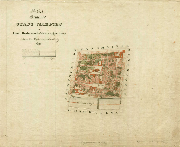 Detailierte alte Stadtplan von Stadt Marburg mit Straßen, Gebäuden, Sehenswürdigkeiten und Text mit zusätzlicher Stadtinformation.