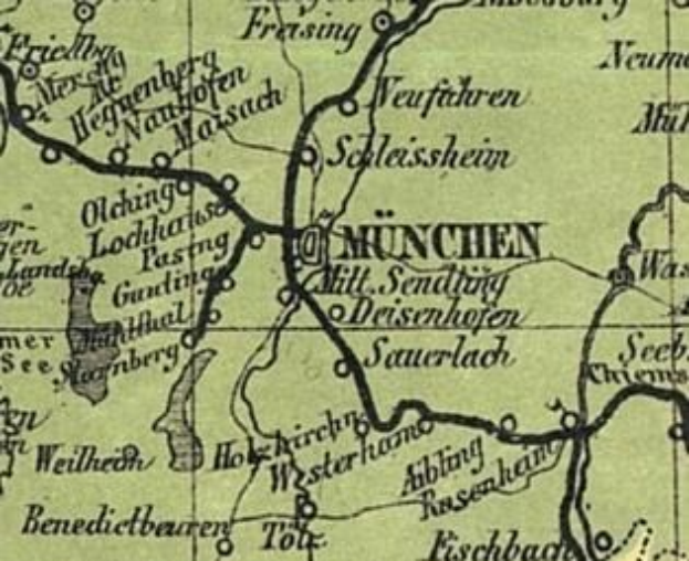 Ausführliche alte Karte von München, Deutschland, die Straßen, Gebäude und Sehenswürdigkeiten zeigt, mit zusätzlichem Text über Bevölkerung, Straßen und bekannte Orte.