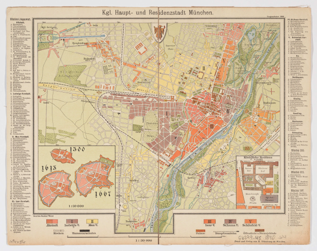 Ein altes Stadtplan von München, Deutschland aus dem Jahr 1849, detailliert mit Text und Zahlen, bietet einen umfassenden Überblick über das Gebiet.