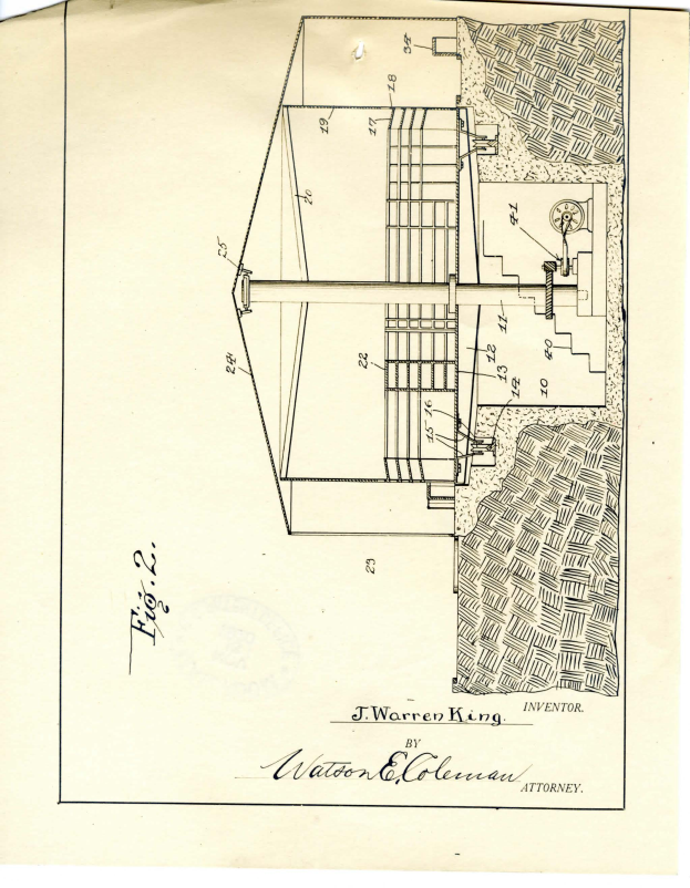 Ein detailliertes Gebäudezeichnung, möglicherweise ein Wasserpumpenpatent, mit verschiedenen Zahlen und Text auf einem Blatt Papier.