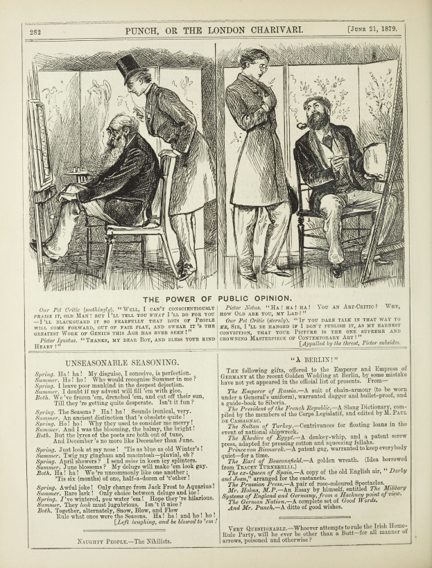 Ein altes Buch mit dem Titel "Die Macht der öffentlichen Meinung" zeigt eine Zeichnung eines Mannes in einem Anzug, der ernst in einem Stuhl sitzt, und einer Frau, die neben ihm steht.