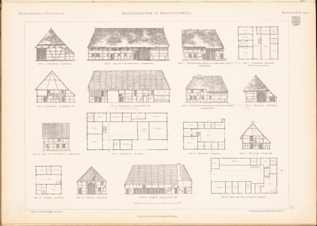 Ein offenes altes Buch zeigt Architekturentwürfe und -pläne auf seinen Seiten.