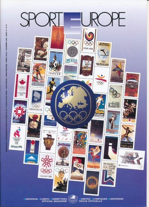Buchumschlag mit der Aufschrift "Sport in Europa" mit leuchtenden Olympischen Spielen-Imagery und Text.