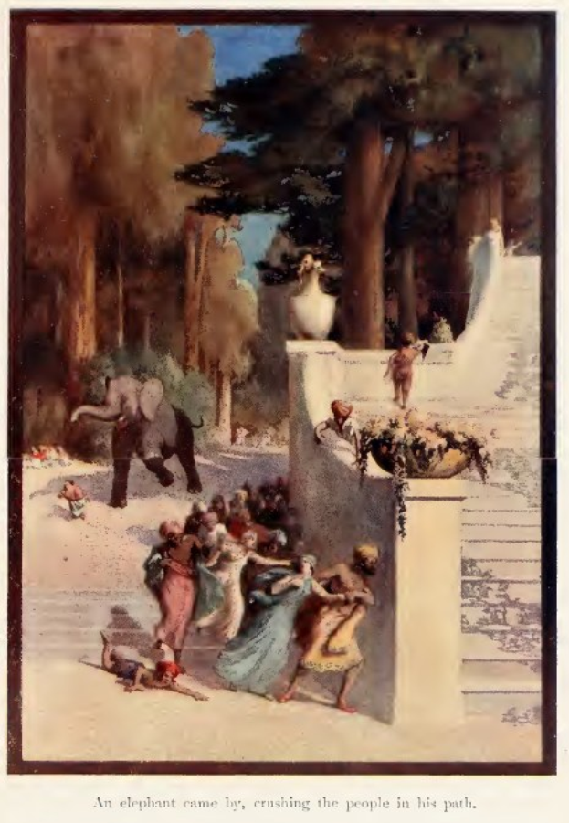 Gemälde einer Gruppe von Menschen in einem Park mit einem Elefanten im Vordergrund und Bäumen im Hintergrund, das den Text "Ein Elefant kam vorbei, zertrampelte die Menschen auf seinem Weg" am unteren Rand trägt.