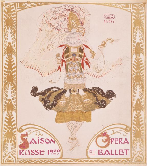 Plakat für eine Pariser Balletaufführung im Jahr 1909 mit dem Titel "Saison Russe", das eine gemalte Tänzerin in einer anmutigen Pose zeigt mit "Opera et Ballet" in fetter Schrift darüber.