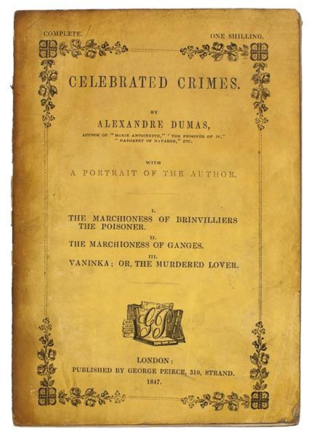 Ein altes Buch namens "Berühmte Verbrechen" von Alexandre Dumas mit einem Porträt des Autors auf dem Cover, verziert mit detaillierten Designs und Text.
