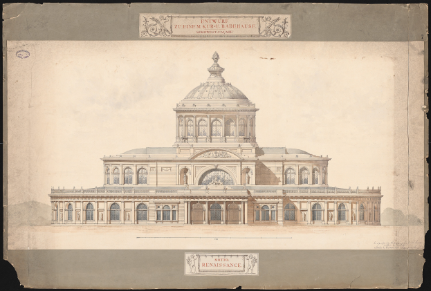 Eine Zeichnung eines großen Gebäudes mit Kuppel, das als Eingang zum Zuenem Kur-Badenhausen in Dresden, Deutschland, bezeichnet ist, vor einem schwarzen Hintergrund mit Text auf dem Papier.