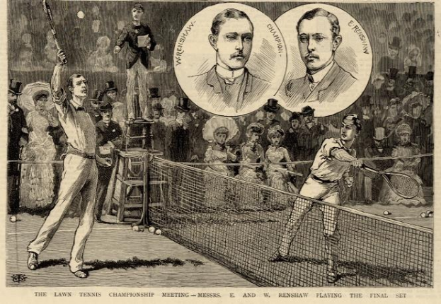 Schwarze und weiße Zeichnung von zwei Männern, die Tennis auf einem Platz mit Netz und Zuschauern im Hintergrund spielen, betitelt mit "The Lawn Tennis Championship Meeting - Messers, E and W Renshaw Playing the Final Set."