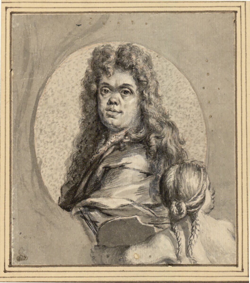 Ein Porträt eines Mannes mit langen Haaren und einem ernsten Gesichtsausdruck und einer Frau mit einem sanften Gesichtsausdruck, die ein Kind hält, beide schauen direkt in die Kamera.