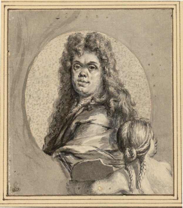 Ein Porträt eines Mannes mit langen Haaren und einem ernsten Gesichtsausdruck und einer Frau mit einem sanften Gesichtsausdruck, die ein Kind hält, beide schauen direkt in die Kamera.