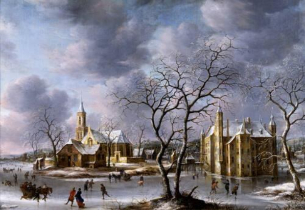Winterlandschaftsmalerei mit Eisläufern auf einem zugefrorenen Fluss, einer Kirche im Hintergrund und einem bewölkten Himmel, mit schneebedeckten Bäumen, Gebäuden und Menschen.
