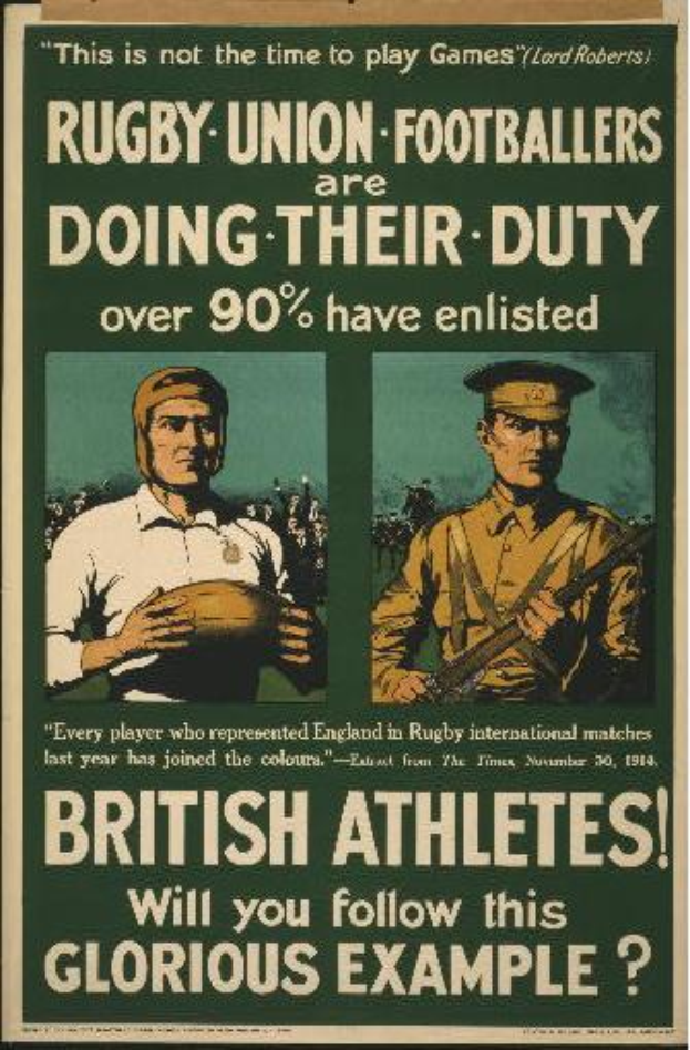 Ein Vintage-Plakat zeigt zwei Rugby-Union-Fußballer, die ihren Dienst tun, und wirbt dafür, dass über 90% der britischen Athleten eingezogen sind.