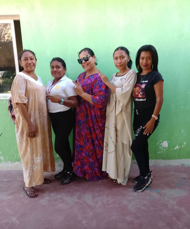 Eine Gruppe von Frauen, die vor einer grünen Wand mit einem Fenster auf der linken Seite stehen, wahrscheinlich an einem Internationalen Frauentag teilnehmen.