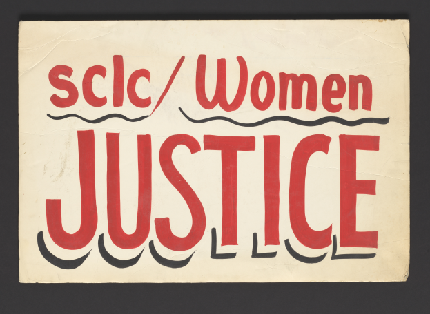Ein Plakat mit fettem schwarzem Text, der 'scic/women justice' in der Mitte eines weißen Hintergrunds zeigt, eingerahmt von einem schwarzen Rand.