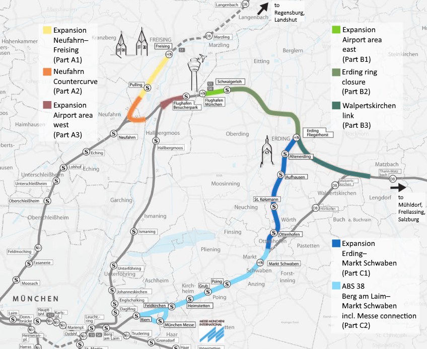 Eine detaillierte Karte einer Stadt mit einer hervorgehobenen Zugroute von München nach Frankfurt, die Haltestellen, die umliegende Gegend und zusätzliche Zuginformationen zeigt.