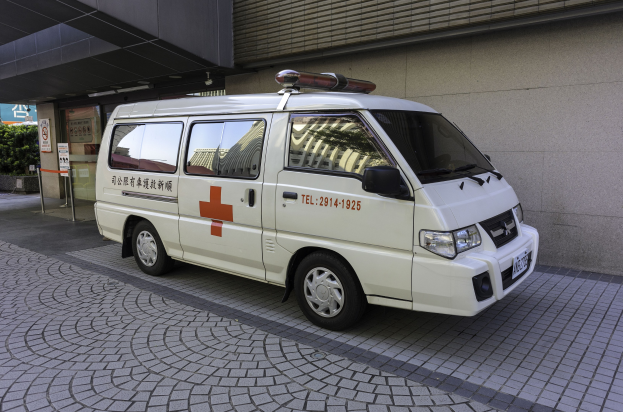 Ambulanz vor einem Gebäude mit einem Schild geparkt, umgeben von Bäumen und Pflanzen.