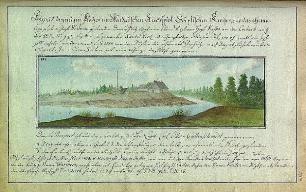 Alter Buchumschlag mit der Aufschrift "Deutsche Landschaften, Landschaft und Landschaft von Deutschland, 18. Jahrhundert" mit einer Illustration eines Flusses, eines Hauses, Bäume, Gras und einem bewölkten Himmel.
