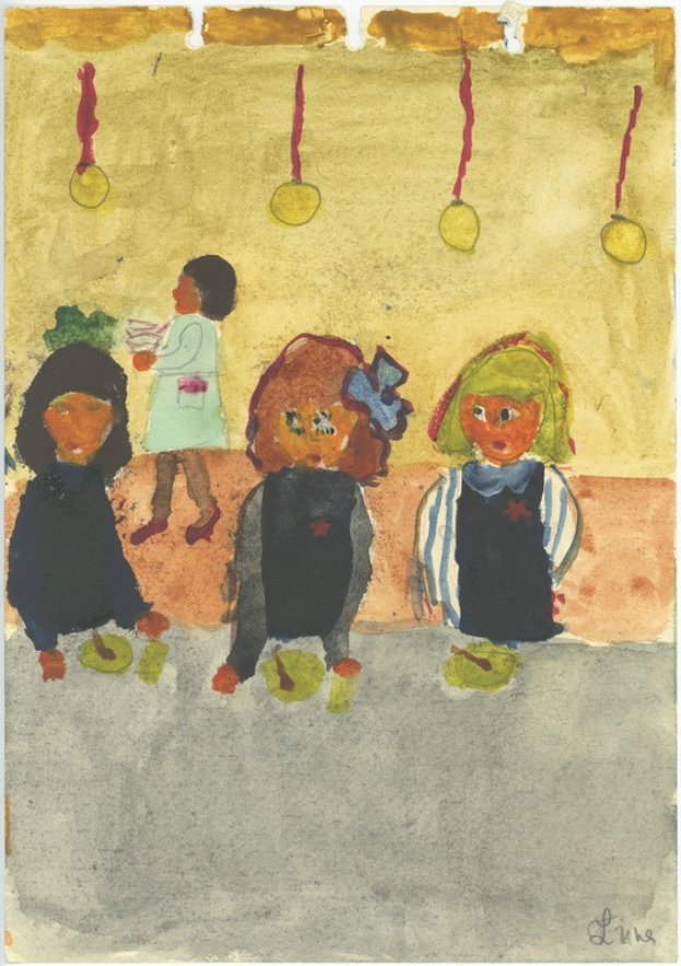 Gemälde von drei Kindern in festlicher Kleidung, die auf einer Bank vor einer Wand mit Weihnachtschmuck, Orchideen und anderen Festdekorationen sitzen und strahlen.