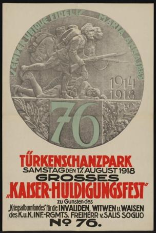 Plakat zum 70. Jubiläum des Kaiser-Huldigungsfestes in Berlin, Deutschland, mit einer Gruppe von Menschen in der Mitte, umgeben von Text und Zahlen in einem klassischen Foto Rahmen.