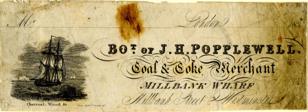 Alte Banknote mit Schiffillustration und Text 'Bo of J.H. Popplewell Coal & Coke Merchant Millbank Wharf'.