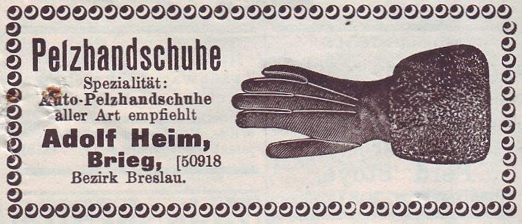 Alte deutsche Visitenkarte mit einer Illustration von einem Paar Handschuhen und gedrucktem Text.