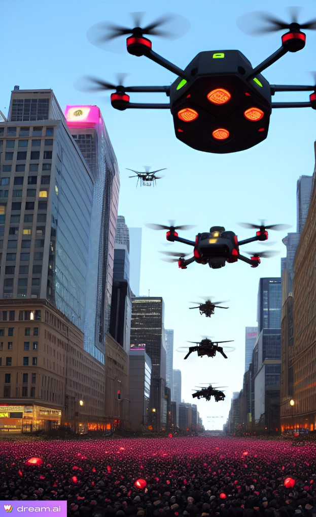 Gruppe von Drohnen, die über eine Stadtstraße mit Menschen fliegen, beleuchtet von Gebäudelichtern und dem Himmel.