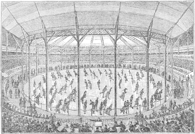 Schwarze und weiße Illustration eines Indoor-Eishockeyspiels in einer vollen Arena, beschriftet mit "Die Olympischen Spiele in London, England", mit Spielern, die auf dem Eis laufen und Zuschauern, die zuschauen.