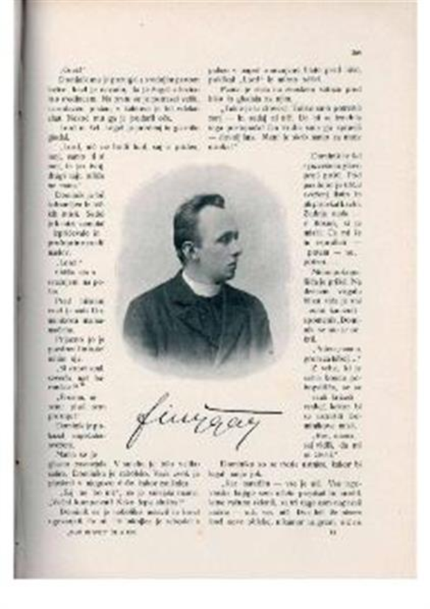 Ein Schwarz-Weiß-Foto eines Mannes in Priesterroben, der als erster Bischof der Kirche des Heiligen Grabes gilt, mit ernster Miene und gefalteten Händen in einem offenen Buch.