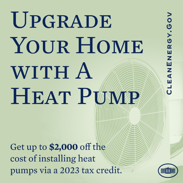 Plakat zur Werbung für die Modernisierung von Heizpumpen zu Hause, mit einem Bild einer Heizpumpe und dem Text "Upgrade Your Home with a Heat Pump."