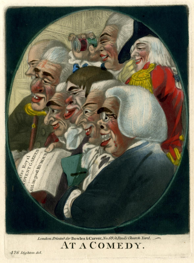 Eine Gruppe von Menschen, die in einem Kreis stehen und lachen, wobei eine Person ein Blatt Papier hält und unten ein Text steht "Bei einer Komödie."