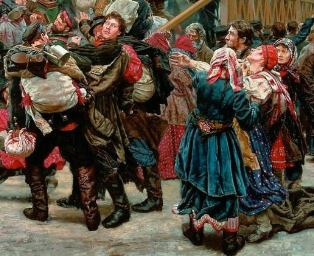 Gemälde, das eine lebhafte Tanzszene mit Menschen in traditioneller russischer Kleidung zeigt, einige halten Gegenstände, vor einem Publikum, mit einem Holzhaus im Hintergrund, das eine festliche Atmosphäre aus der russischen Revolution vermittelt.