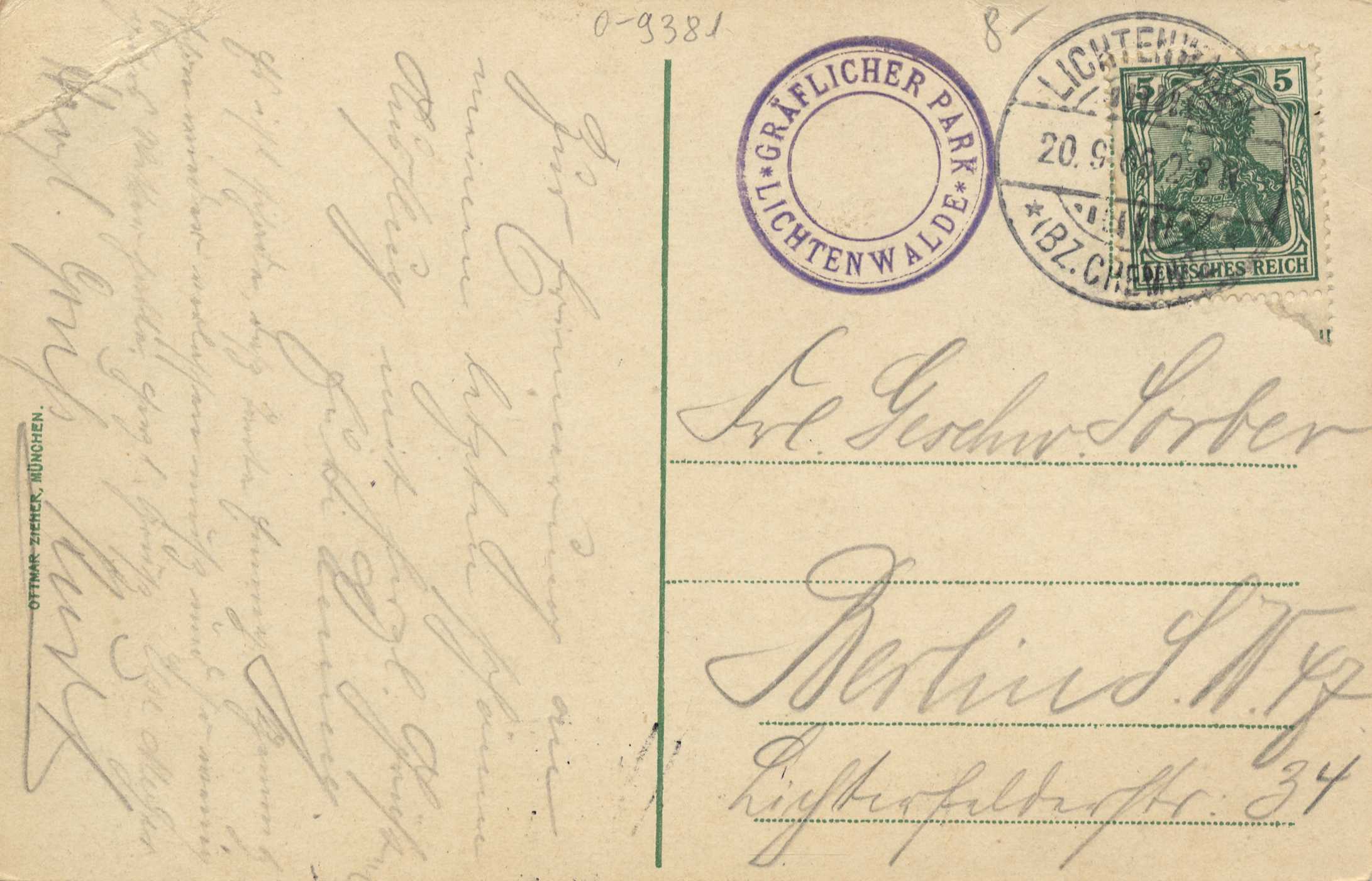 Eine alte Postkarte mit einer Briefmarke, die "Lichtenwald, Deutschland - Einschreiben nach Deutschland" lautet und handgeschriebener Text, mit zwei zusätzlichen Briefmarken in der oberen rechten Ecke.