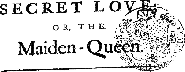 Schwarzer Text mit der Aufschrift "geheime Liebe oder die Maiden-Königin" in fetter Schrift, zentriert innerhalb eines goldenen Rahmens, mit einem detaillierten Kronen-Logo darüber.