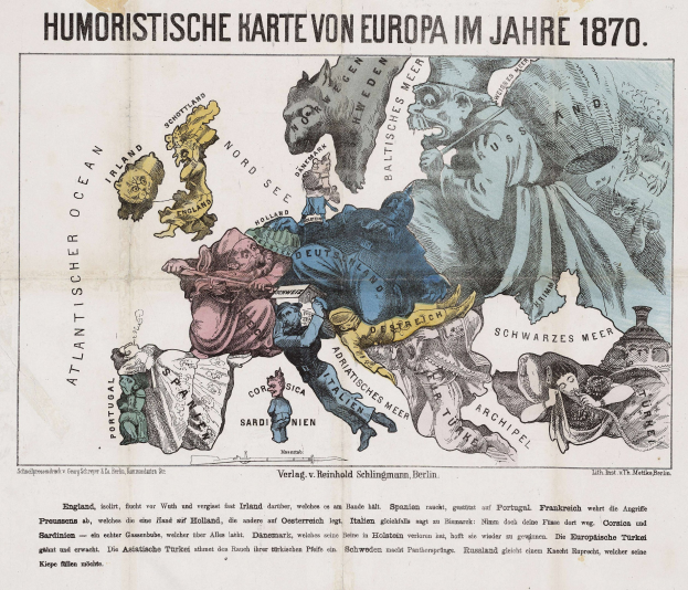 Ein Plakat mit dem Titel "Humoristische Karte von Europa im Jahre 1870", das eine Karte von Europa mit Cartoon-Bildern und Text umgeben zeigt.