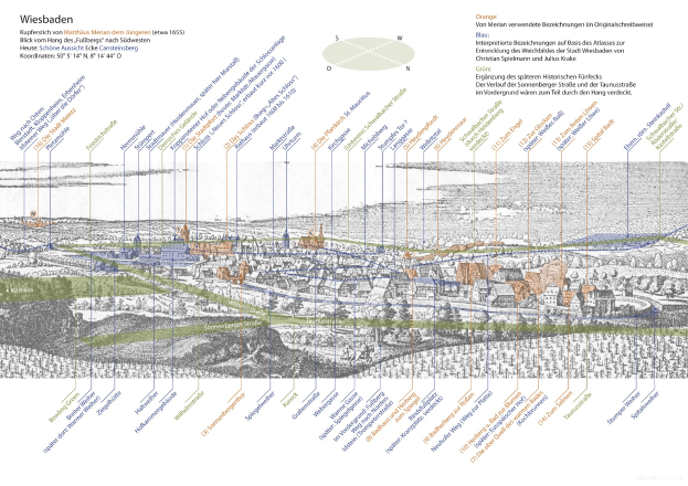 Karte von Wiesbaden, Deutschland, mit historischem Textüberlager, farbcodierte Regionen und schattierte Bereiche, die umliegende Städte und Gemeinden anzeigen.