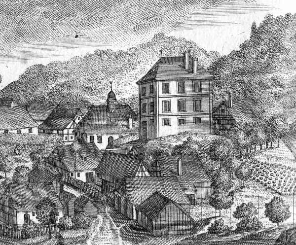 Schwarze und weiße Zeichnung einer kleinen 19. Jahrhundert-Bayerischen Stadt mit einer zentralen Kirche, Häusern, Bäumen und Himmel, beschriftet mit "Bayern im 19. Jahrhundert" unten.